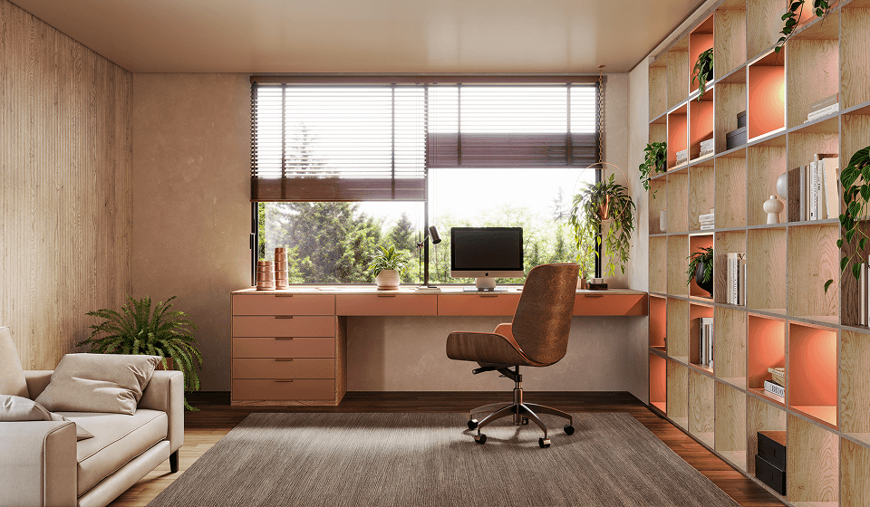 Ambiente corporativo Finger com mesa de trabalho, marcenaria planejada e luz natural.